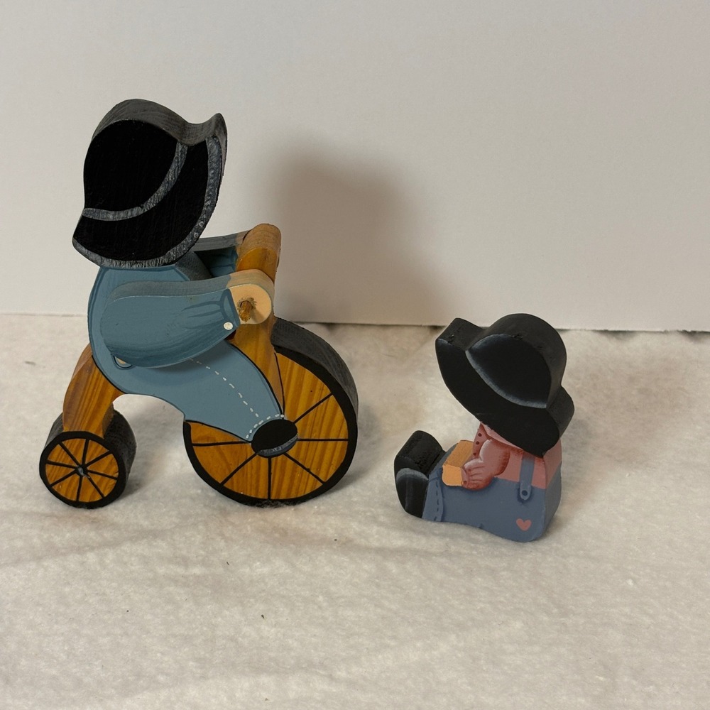 Vintage Wooden Folk Art Boy on Tricycle and Seated Child Hand Painted Figurines